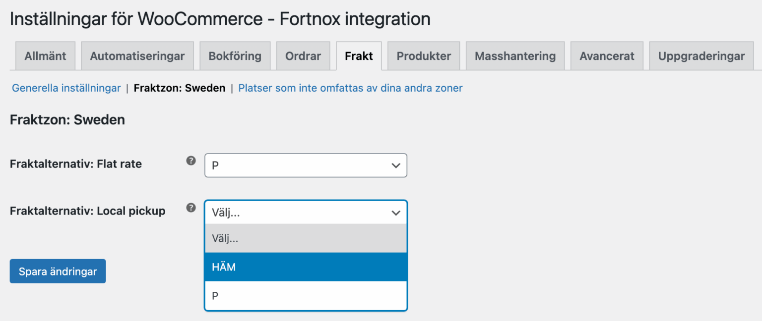 Bild som visar hur man mappar ett leveranssätt i WooCommerce till Fortnox när man använder Wetail's Fortnox-integration. 