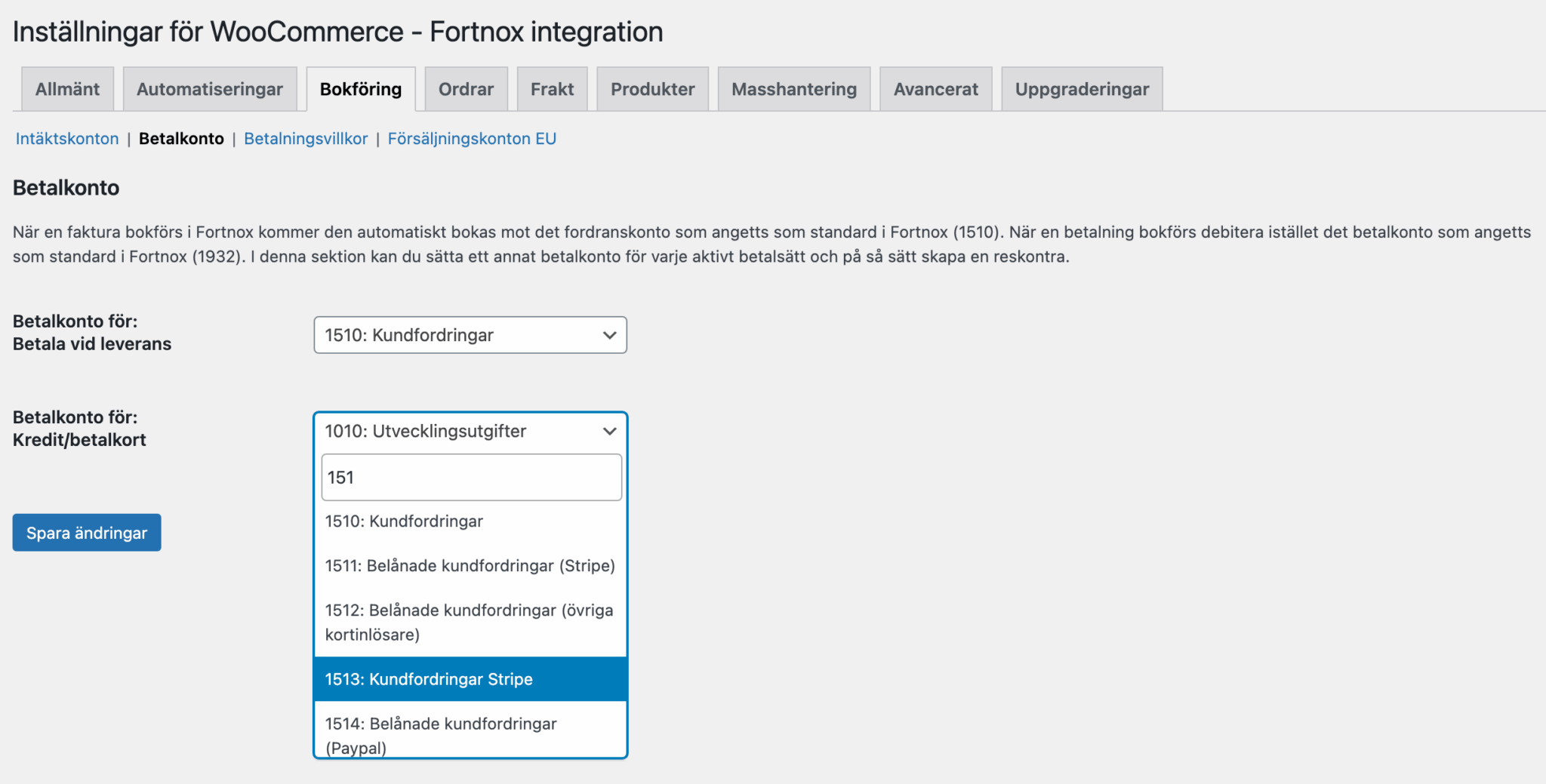 Bild som visar hur man väljer bokföringskonto för betalningar i Wetail's Fortnox-integration